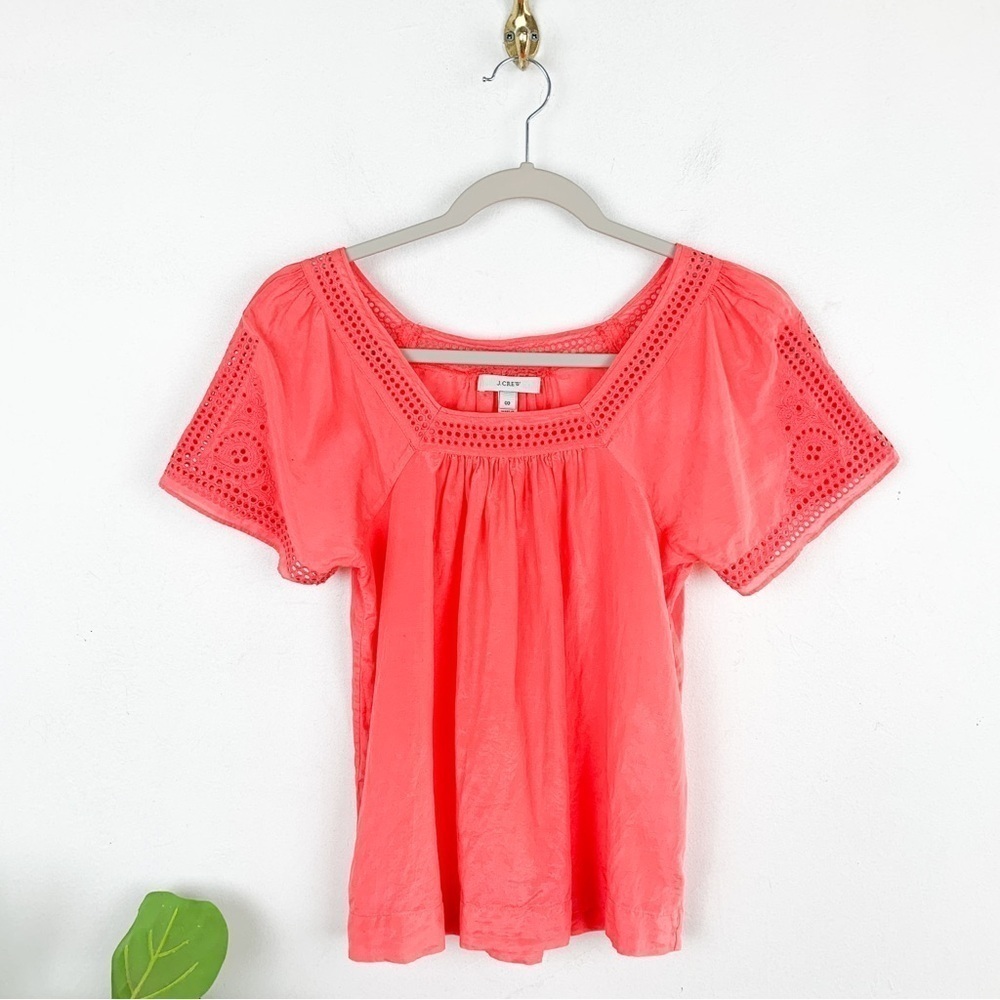 J. Crew Silk Blend Coral Pink Eyelet Lace Boho Top Sz 00 - Picture 1 of 6
